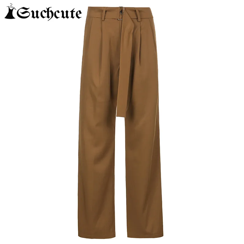 

SUCHCUTE Women Brown Pants Office Wear Hight Waist With Sashes Vintage Casual Streetwear Korean Trousers Female Straight Pants