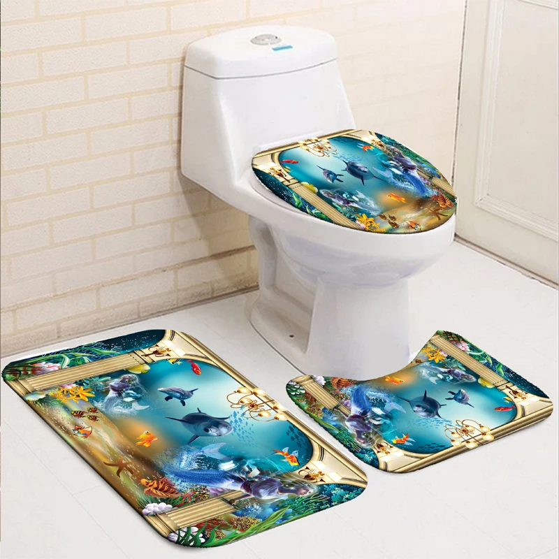 

Home Decor Bathing Waterproof Shower Curtain Set with 12 Hooks Toilet Covers Bath Mats Bathroom Non-slip Rug Carpet Polyester