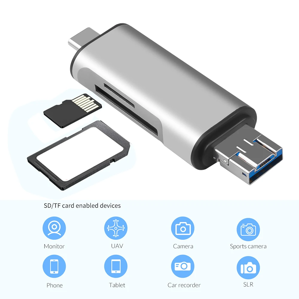 Портативный кардридер Kebidu 3 в 1 OTG Type C USB 0 Micro комбинированный с 2 слотами TF SD карта