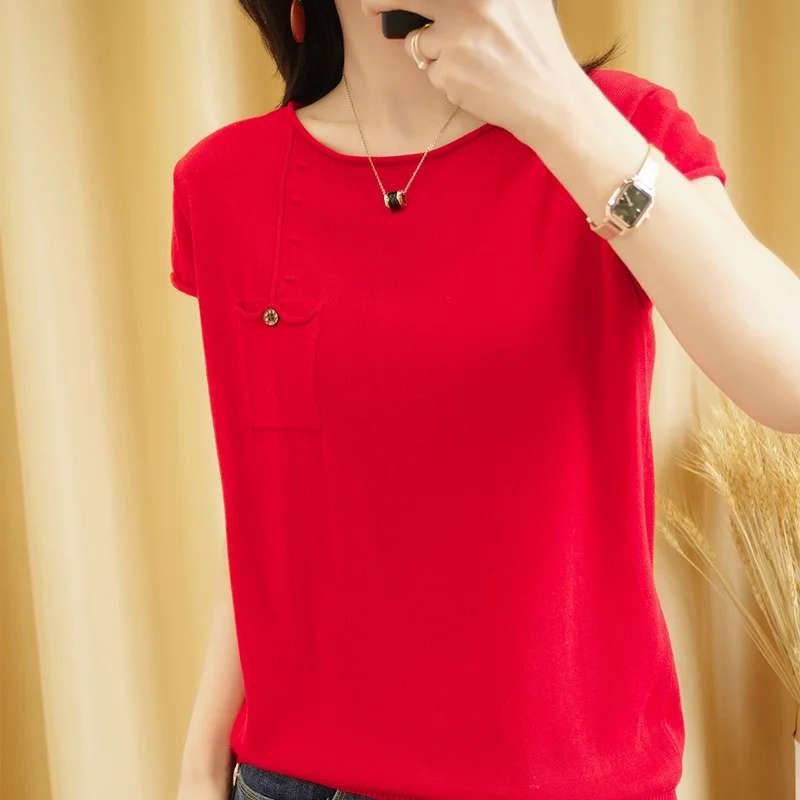 

Women's top short-sleeved 100% cotton pullover short-sleeved light knit Ladies O-neck shirt Ladies T-shirt