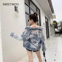 2021 spring and autumn new denim jacket womens wild loose double layer lace mesh perspective embroidered lace short jacket