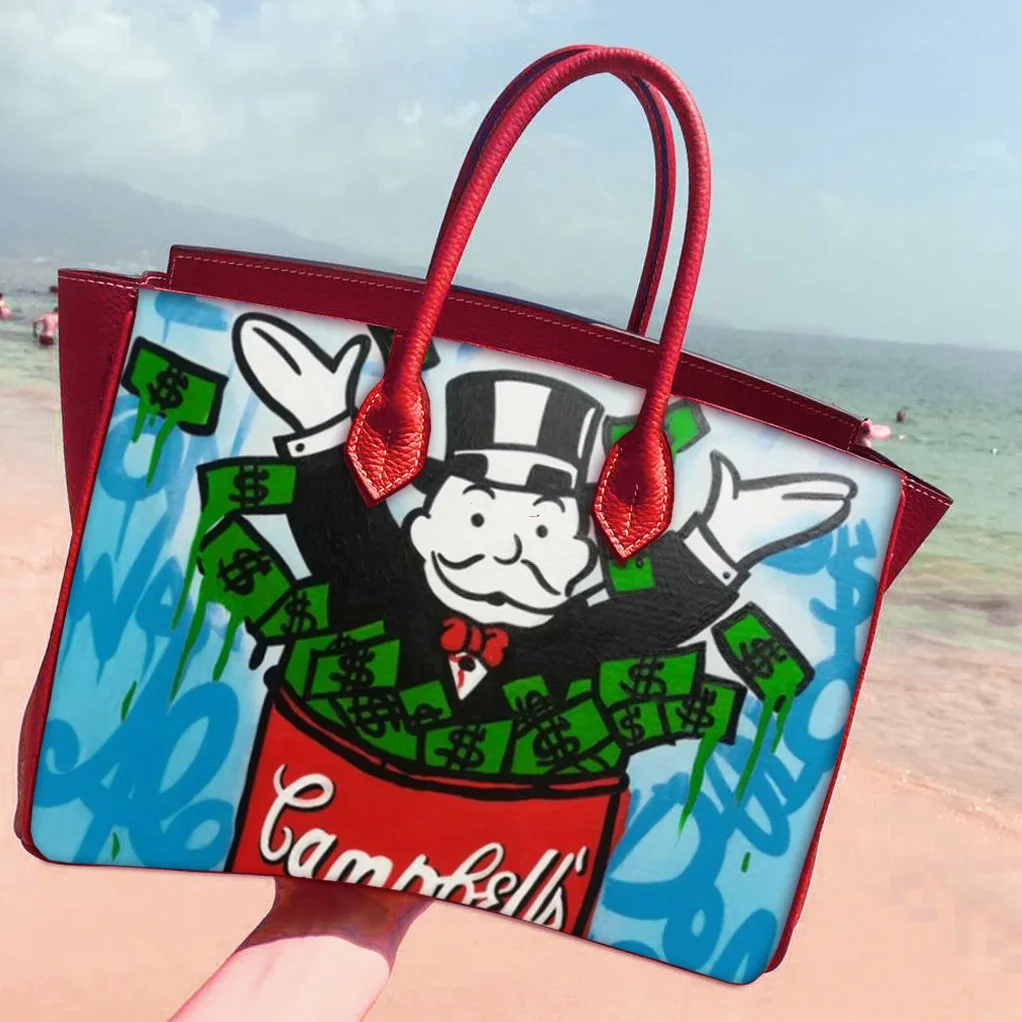 

Art hand painted Alec Monopoly Real cow leather women shoulder handbag luxury designer totes bag for women high quality