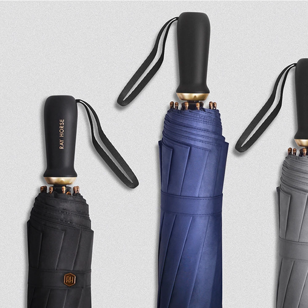 Черный большой складной зонт с тремя ветрозащитными 8 ребрами большие зонты для