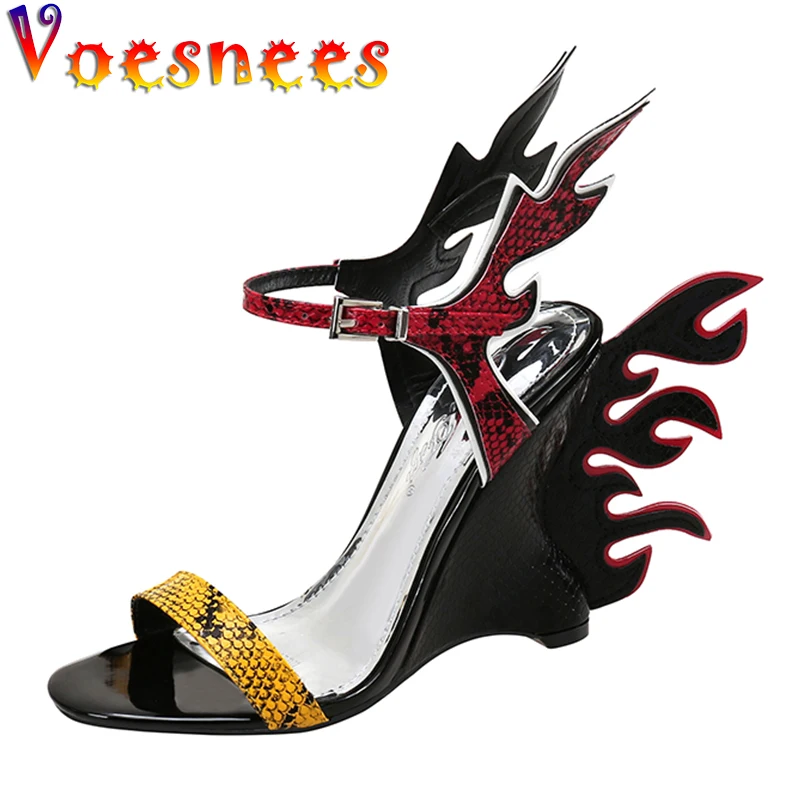 

Voesnees 2021 Summer Flame Wedge Sandals Flame Wings Women Original Fashion Word Belt High Heels Snake Skin Color Matching Shoes