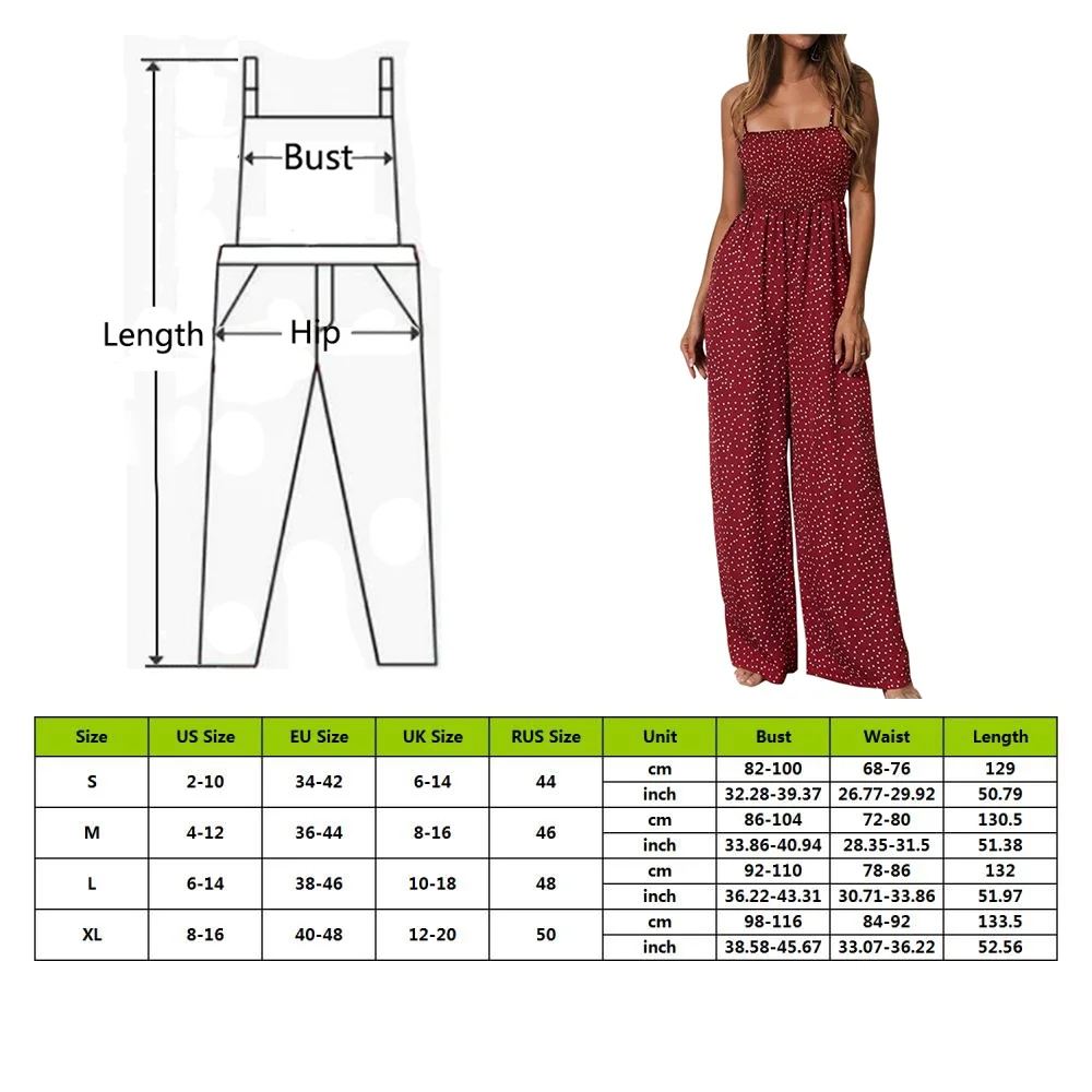 

Summer Beach Polka Dot Jumpsuits Women Sleeveless Spaghetti Straps Sleeveless Long Wide Leg Pants Sexy Backless Rompers