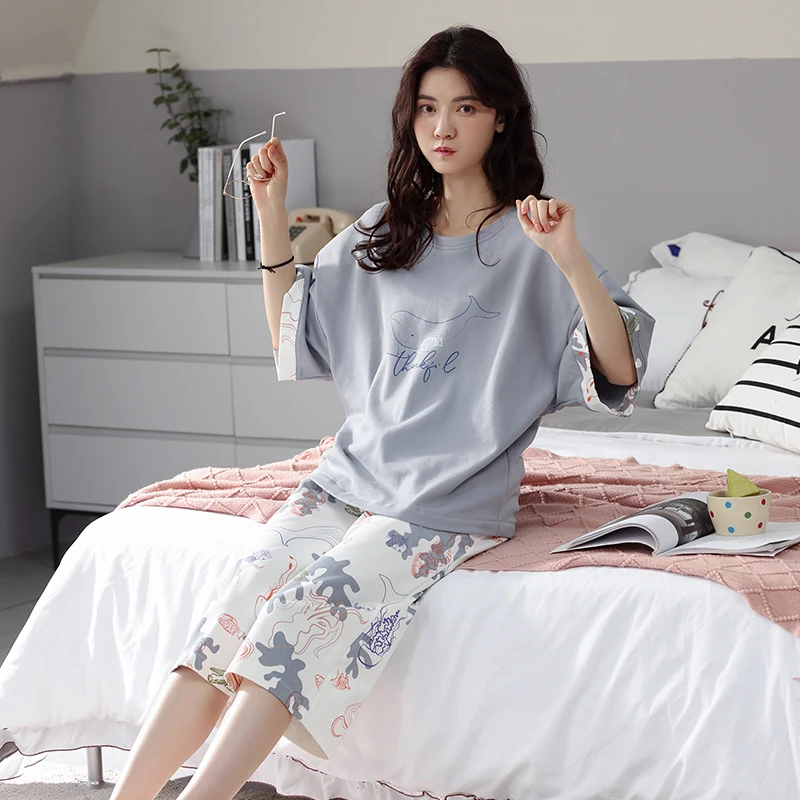 

M-5XL Women's Pajamas Cotton Sleepwear Suit Home Clothes Print Pijama Mujer Summer Pyjamas Femme Sleepwear Nightgown Loungewear