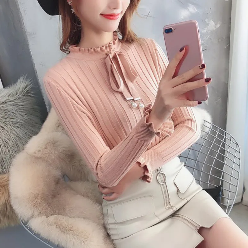 

New Slim Knitted Sweater Female Long Sleeve Autumn Sweater Womens Pullovers Sweaters Winter Petal sleeve bead Sweater Women