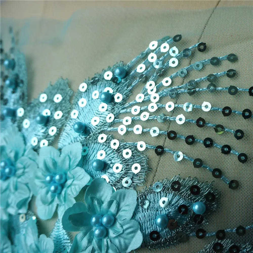 Teal Blue Sequin Tassel 3D Flower Rose Beads Lace Fabric Embroidered Gown Appliques Collar Mesh Sew Patch For Wedding Decoration | Дом и сад