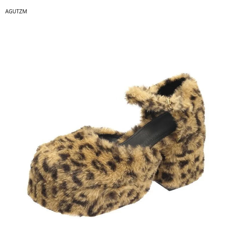 

Sexy Leopard High Heels Women Pumps Round Toe Thick Heel Mary Shoes Women Waterproof Platform Single shoes Zapatos De Mujer