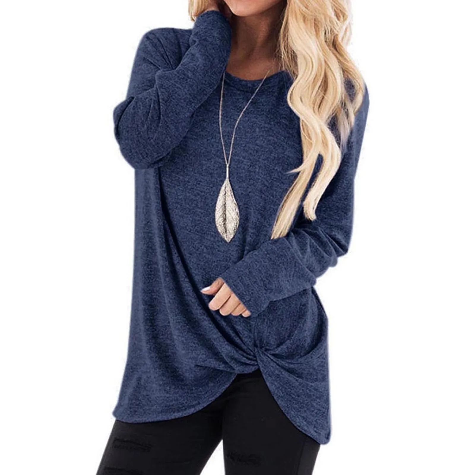 Winter ladies fashion casual polyester футболка twisted long-sleeved simple solid color loose O-neck F04* | Женская одежда
