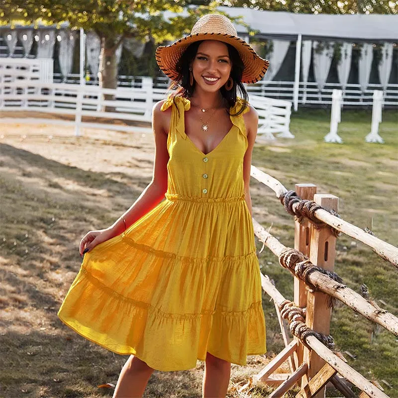 

Summer Sexy Sleeveless Solid Button-Decorated Women Dress Casual Fashion V-Neck High Waist Elegant A-Line Holiday Beach Dress