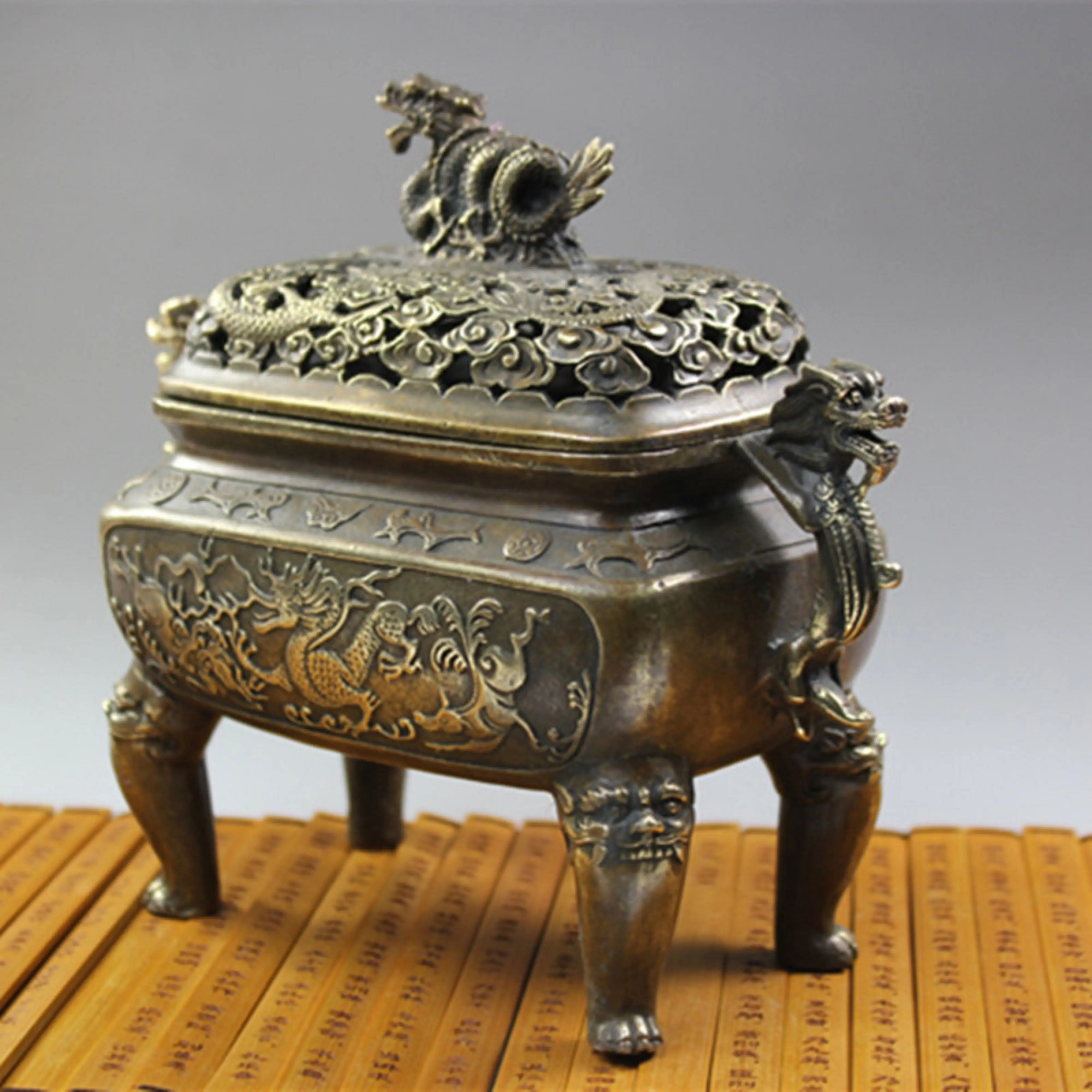 7 &quotили 18 см 0 9 кг народное искусство Китая Дракон Бронзовая статуя горелка&quot