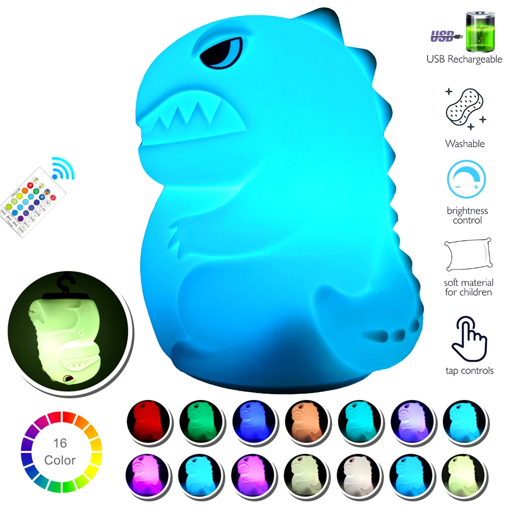 

Силиконовый Ночной светильник в виде динозавра, перезаряжаемый по USB сенсорный датчик с дистанционным таймером, светодиодный прикроватный ...
