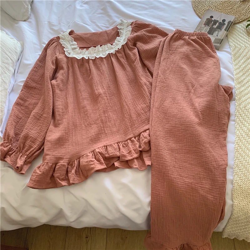 

korea style full cotton sleepwear home suit women pajamas set fancy lace pullovers pants homewear clothes autumn winter new Y243