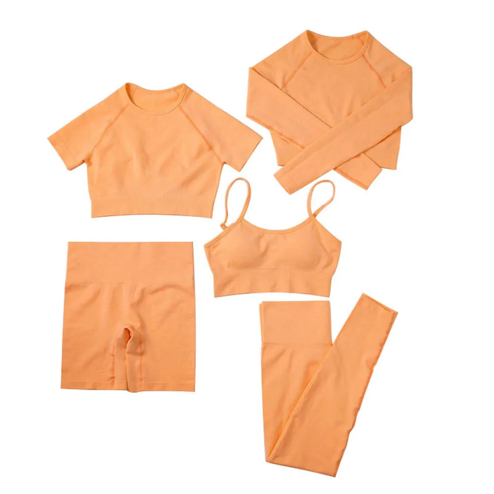 

Women Fitness Sets Seamless Tops Bra High Waist Shorts Workout Outfits Ladies Comfortable Causal Suits 5 Pieces Women's Clothes