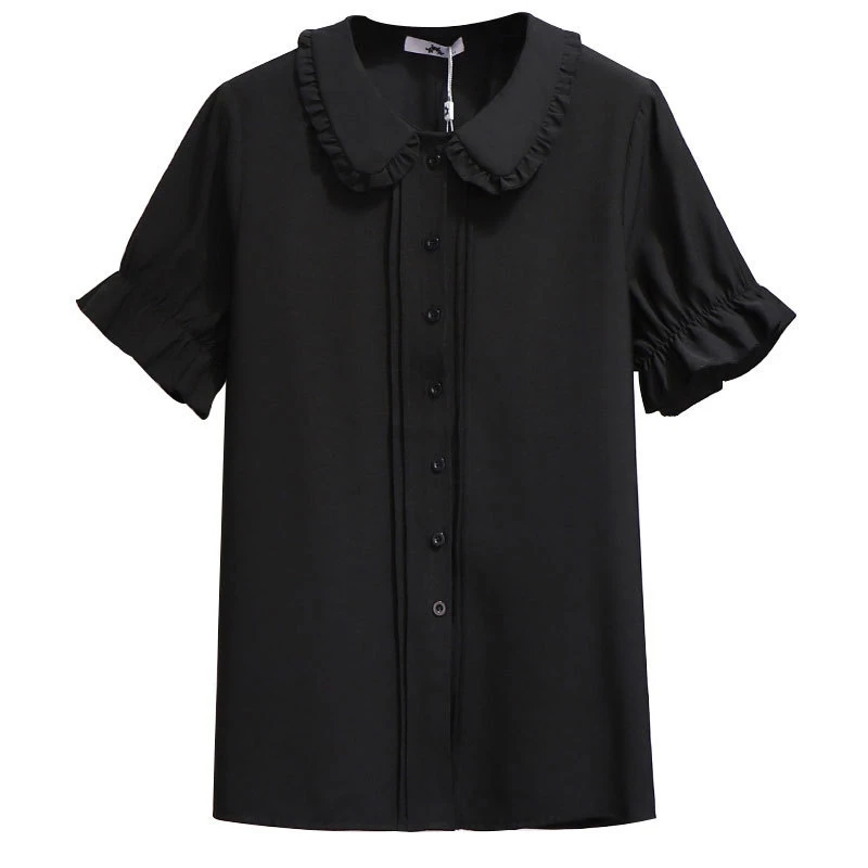 

Blouse Plus Size for Women 4xl 5xl 6xl Summer 2020 New Casual White Black Doll Collar Short Sleeve Ruffled Chiffon Shirt