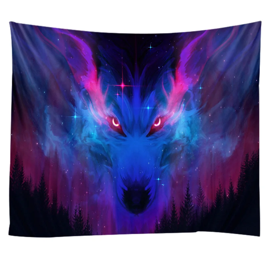 Гобелен с космическим звездным небом волком тотемом светящимся подвесное