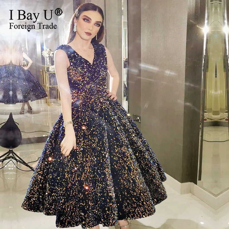 

Коктейльное Вечернее платье цвета индиго с блестками, роскошное блестящее полублестящее платье с V-образным вырезом, без рукавов, 2020