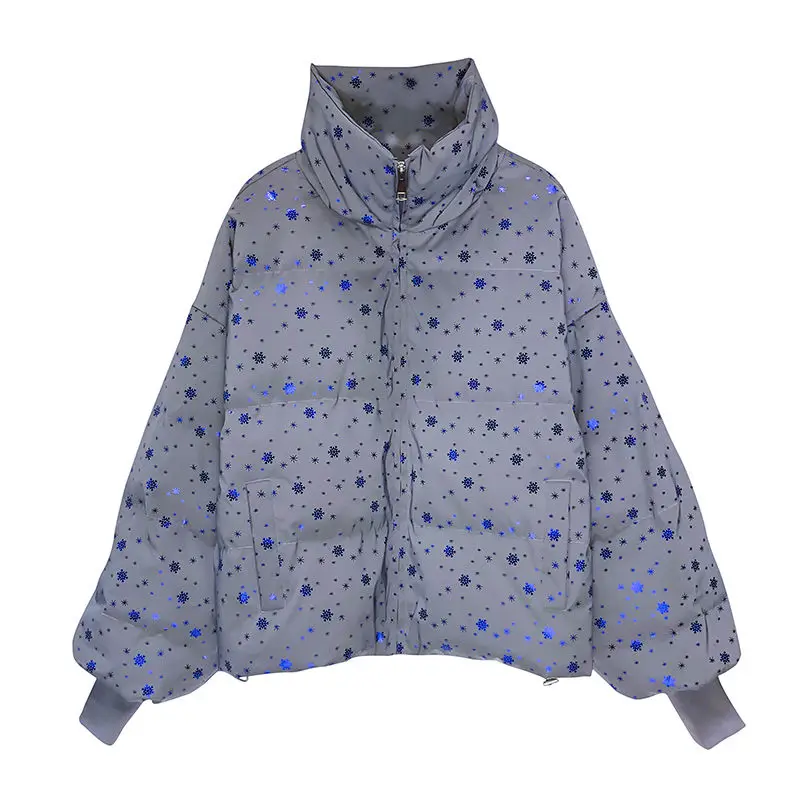 Style Quilted Cloth Silver Color Snowflake Short Waterproof Bright Surface Jacket Woman Cotton Dress Large Size
