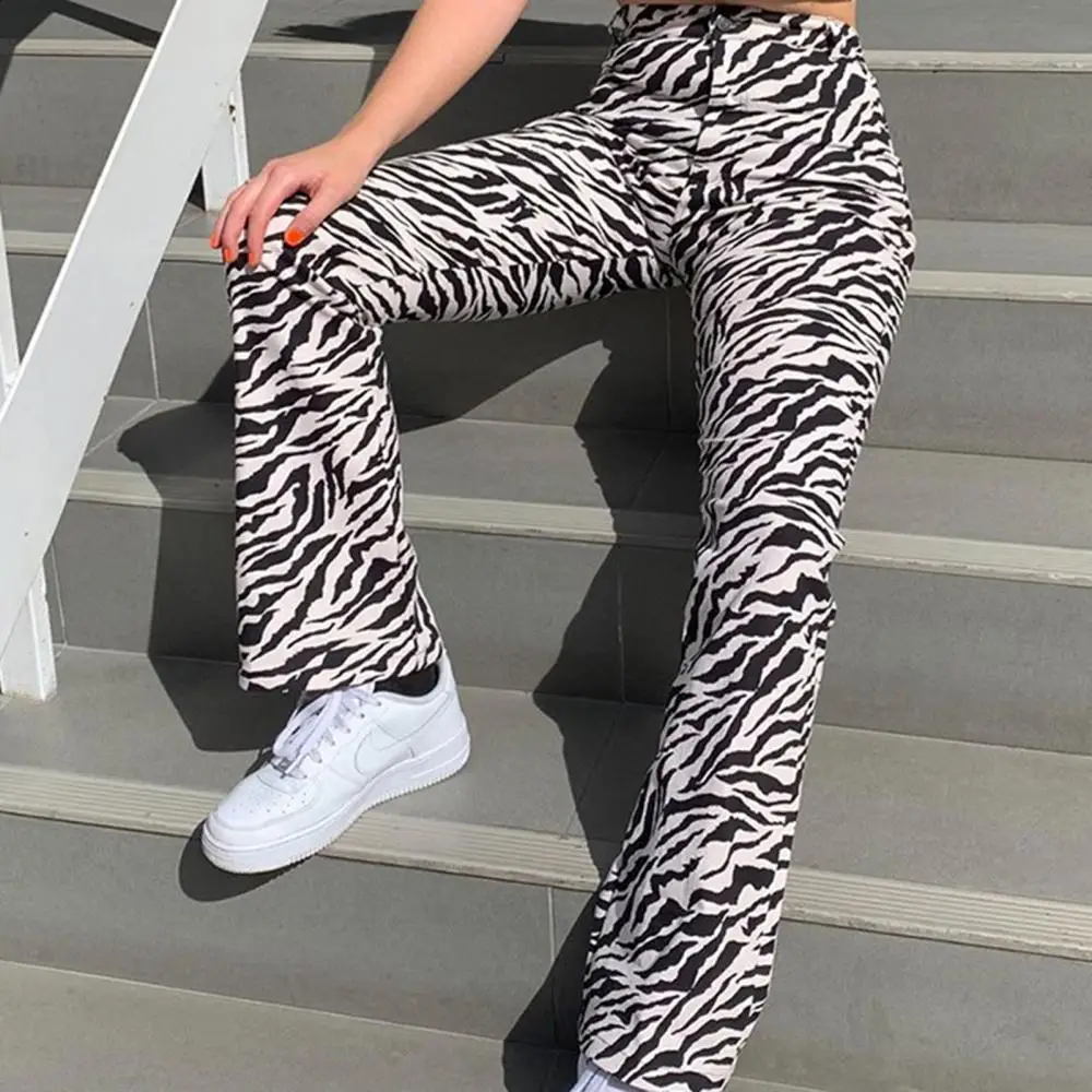 Women Casual Zebra Print High Waist Button Long Straight Pants Loose Trousers Streetwear Fashion Female Sport Pants Sweatpants