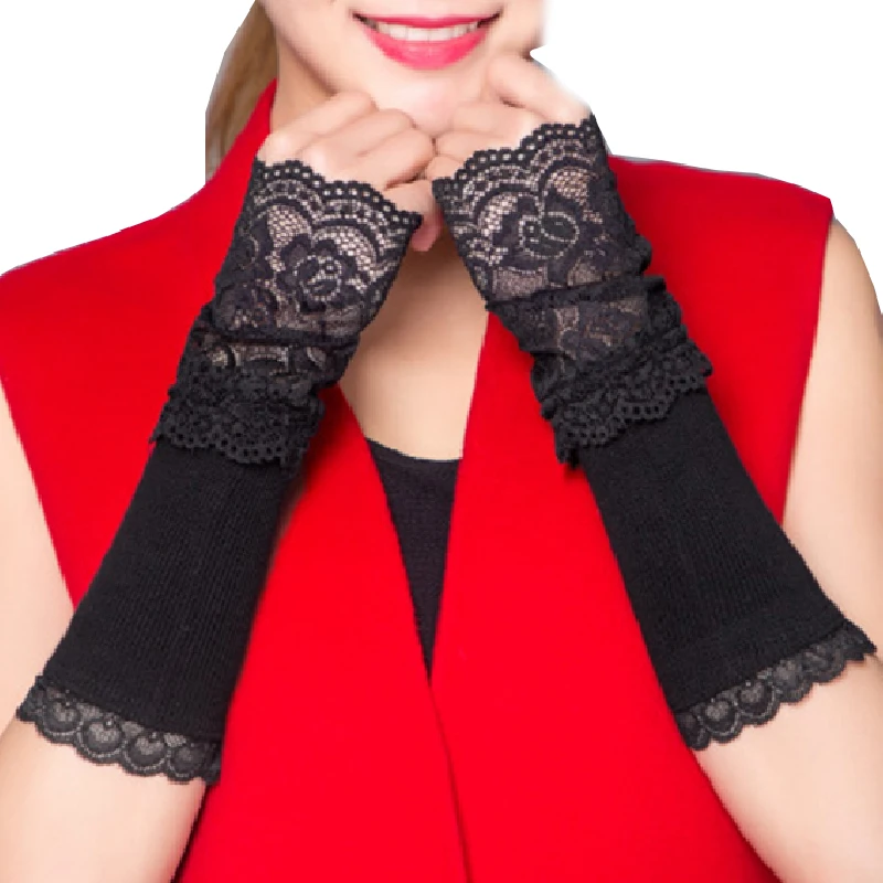 Женские длинные перчатки без пальцев теплые кружевные с рукавами крылышками