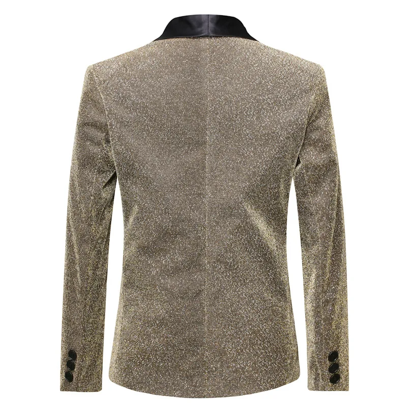 Роскошный Золотой блестящий Блейзер Masculino Slim Fit шаль воротник мужской Блейзер Куртка DJ клубный Мужской Блейзер Свадебный сценический костюм певцов