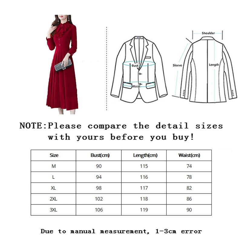 

SLLSKY Spring Autumn New Chiffon Mid-calf Dress Women Solid A-line Buttons Ruffled bottoming dress Elegant Office lady dress