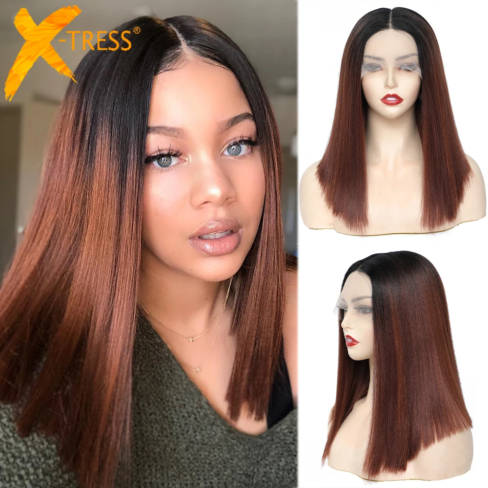 

X-TRESS Synthetic Lace Front Wig For Women Middle Part Short Blunt Bob Shoulder Length Hair Wigs Ombre Orange Soft Natural Hair