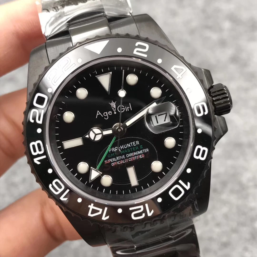 

Classic New Men Automatic Mechanical Full Black Case Blue Green Hand Limited Ceramic GMT Stainless Steel Sapphire Watch