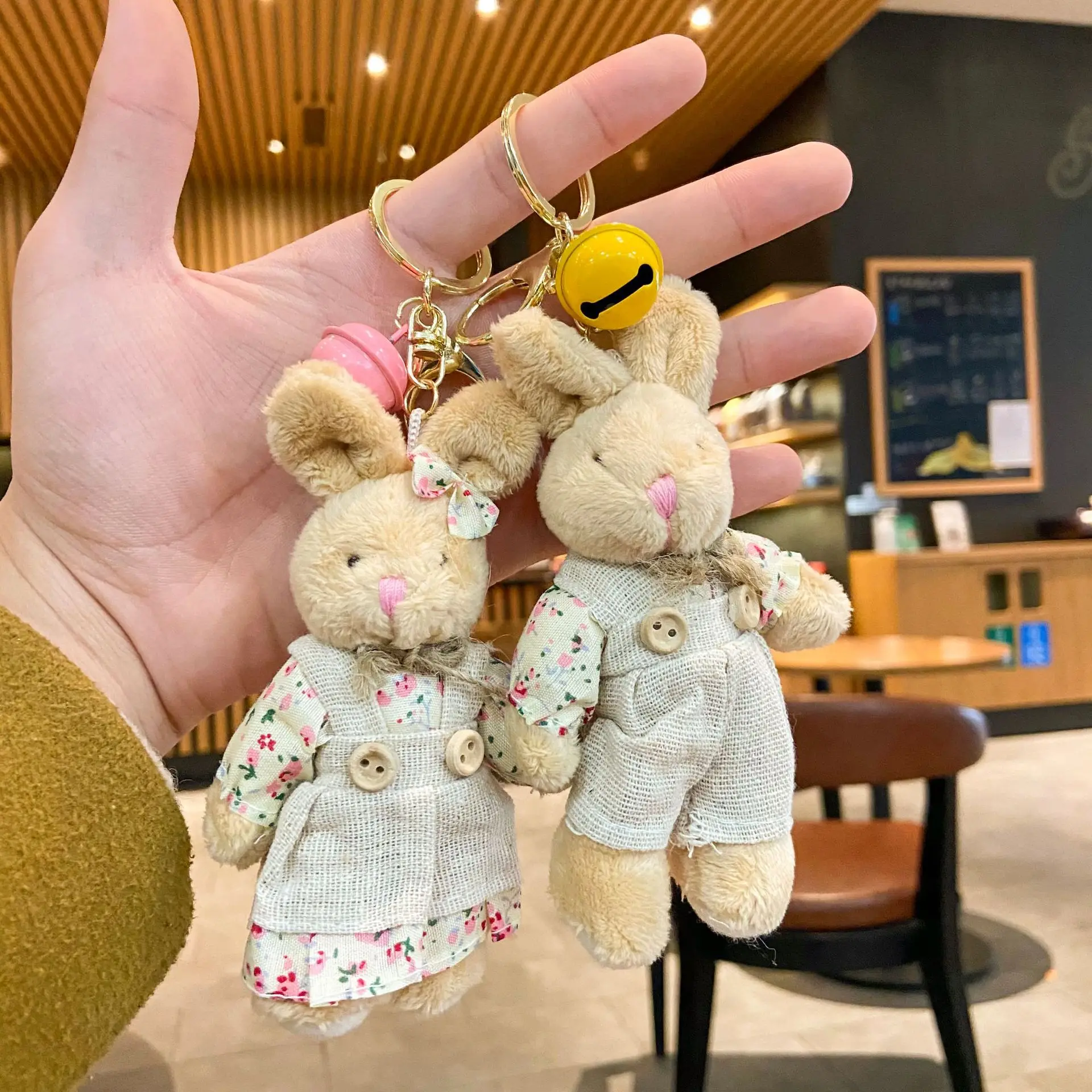 

12cm Floral Cloth Teddy Bear Rabbit Bunny Dolls Keychain Bag Pendants Couple Bear Rabbit Plush Key Ring Lovers Friends Gift Hot