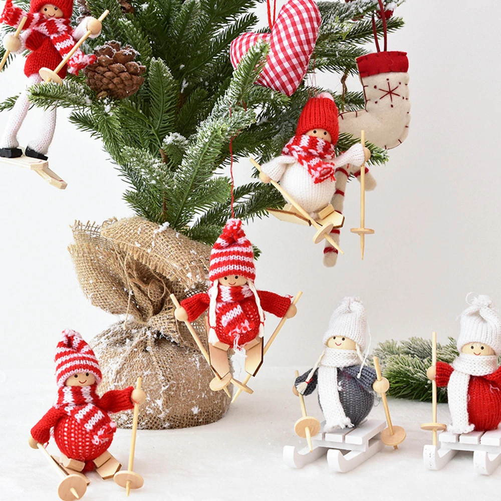 Snowman Wooden Knitted Christmas Figurine Ornaments Wool Skis Swing Couple Dolls Children's Toys Gift Window Photography Props | Дом и сад