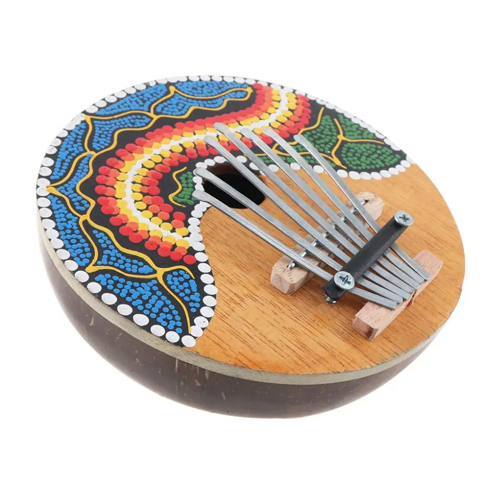 Популярное пианино Kalimba с цветным рисунком 7 клавиш Кокосовая оболочка большой