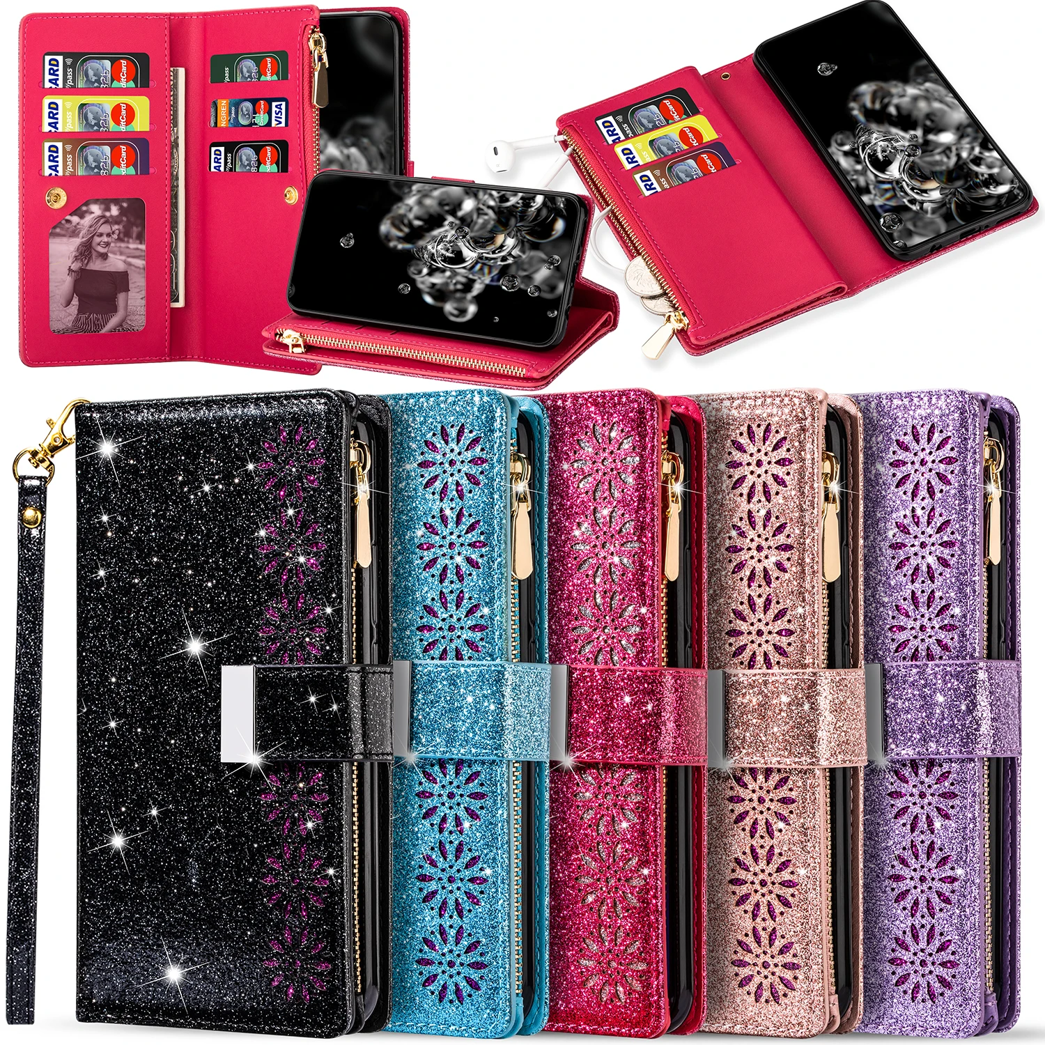 For Redmi 8 8A Note 9 9S 10 Pro Max K30 Xiaomi CC9 Bling Zipper PU Leather Wallet Purse Flip Case Stand Cover | Мобильные телефоны