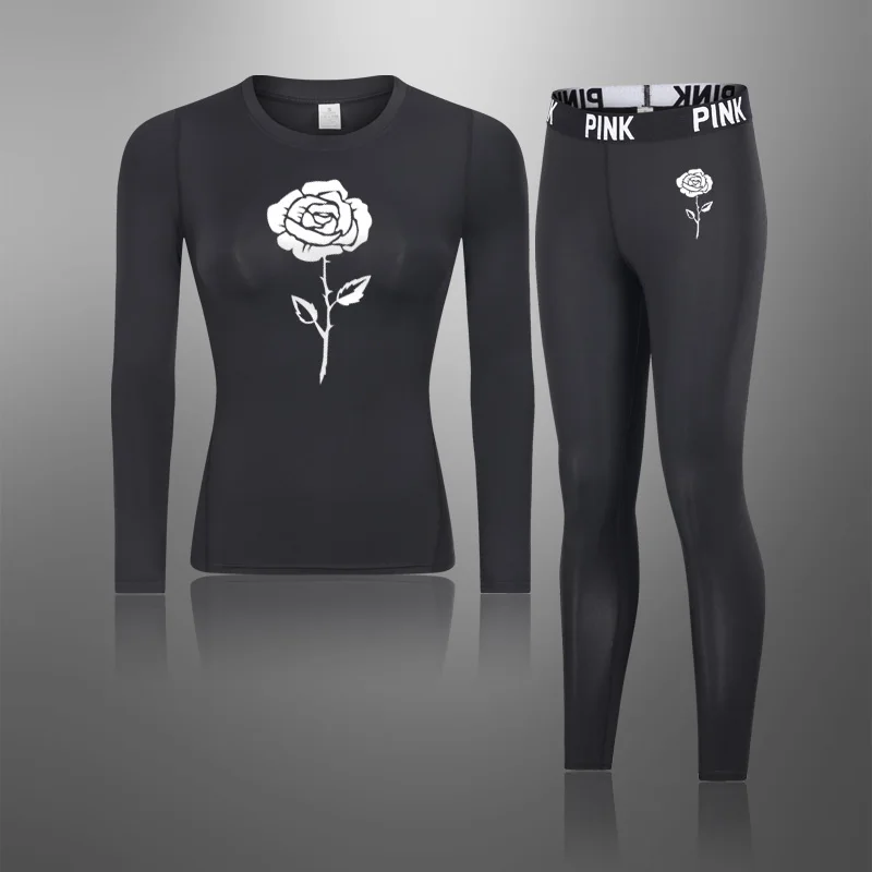

Winter rose pattern thermal underwear women's suit compression sweat quick-drying thermal underwear women's clothes