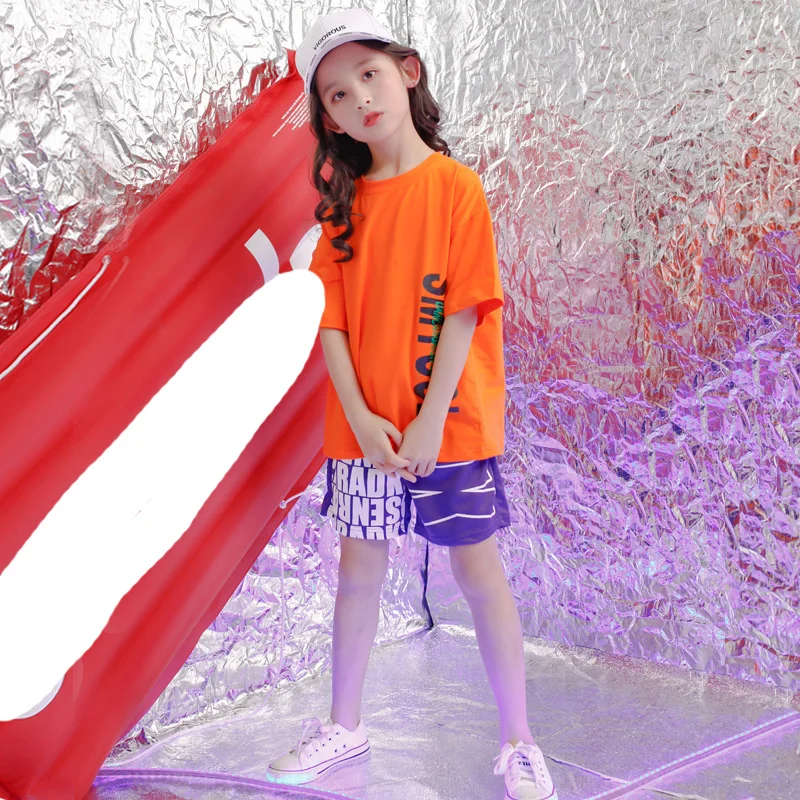 

Kids loose Orange Tshirt Modern dance Clothing Hip Hop Jazz Dance wear Costumes Girls Ballroom Dancing Outfits Streetwear