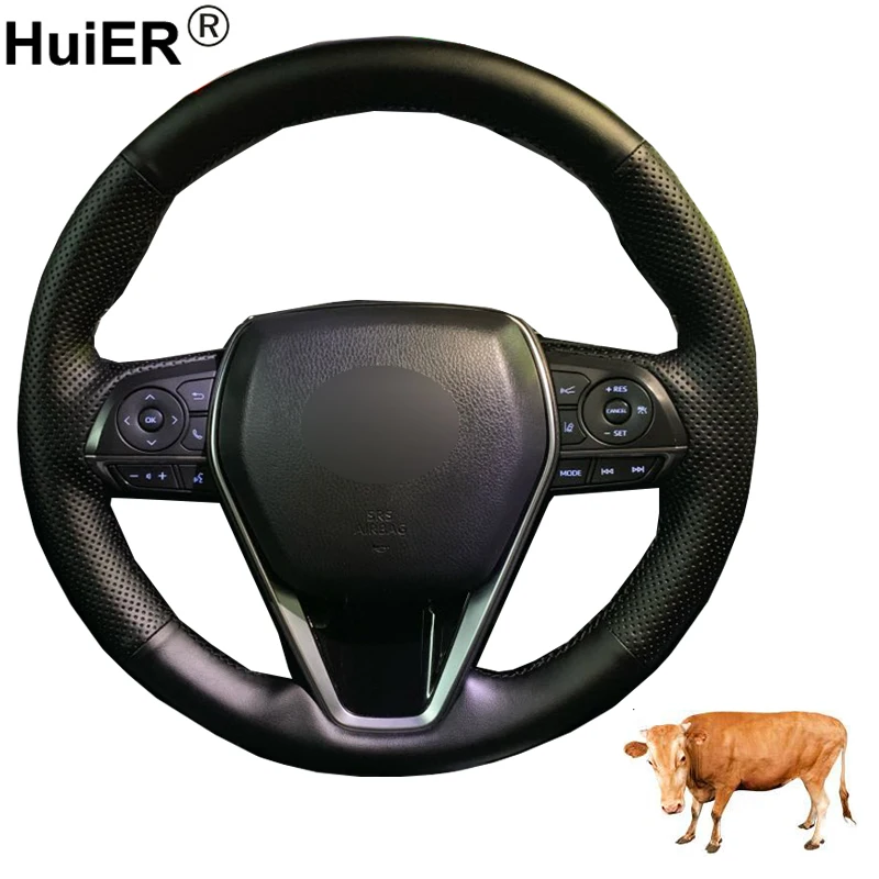 Hand Sewing Car Steering Wheel Cover Top Layer Cow Leather Volant For Toyota Camry 2018 - 2019 RAV4 Avalon 2020 | Автомобили и