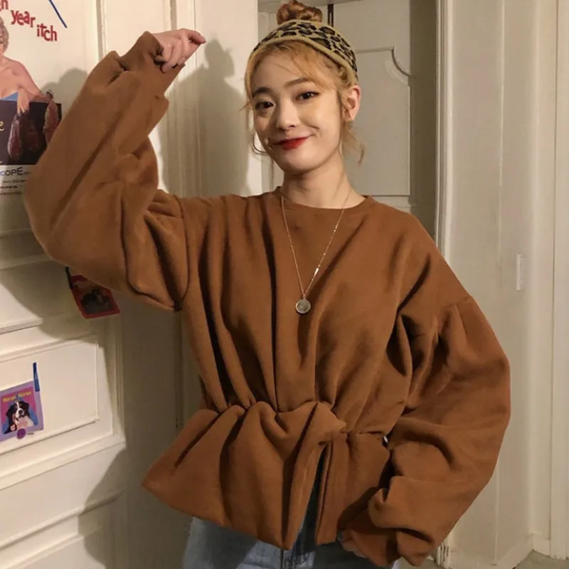 Пуловер с асимметричным подолом Женская толстовка модная Корейская рукавом