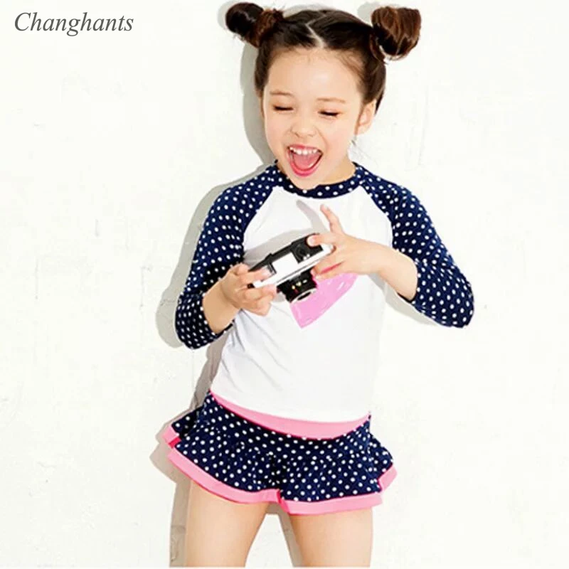 

1-7 Y Girls Two Pieces Swimwear Blue White Dots Swimsuit Children Surfing Long Sleeve Baby Kids Swimming Pool Suit