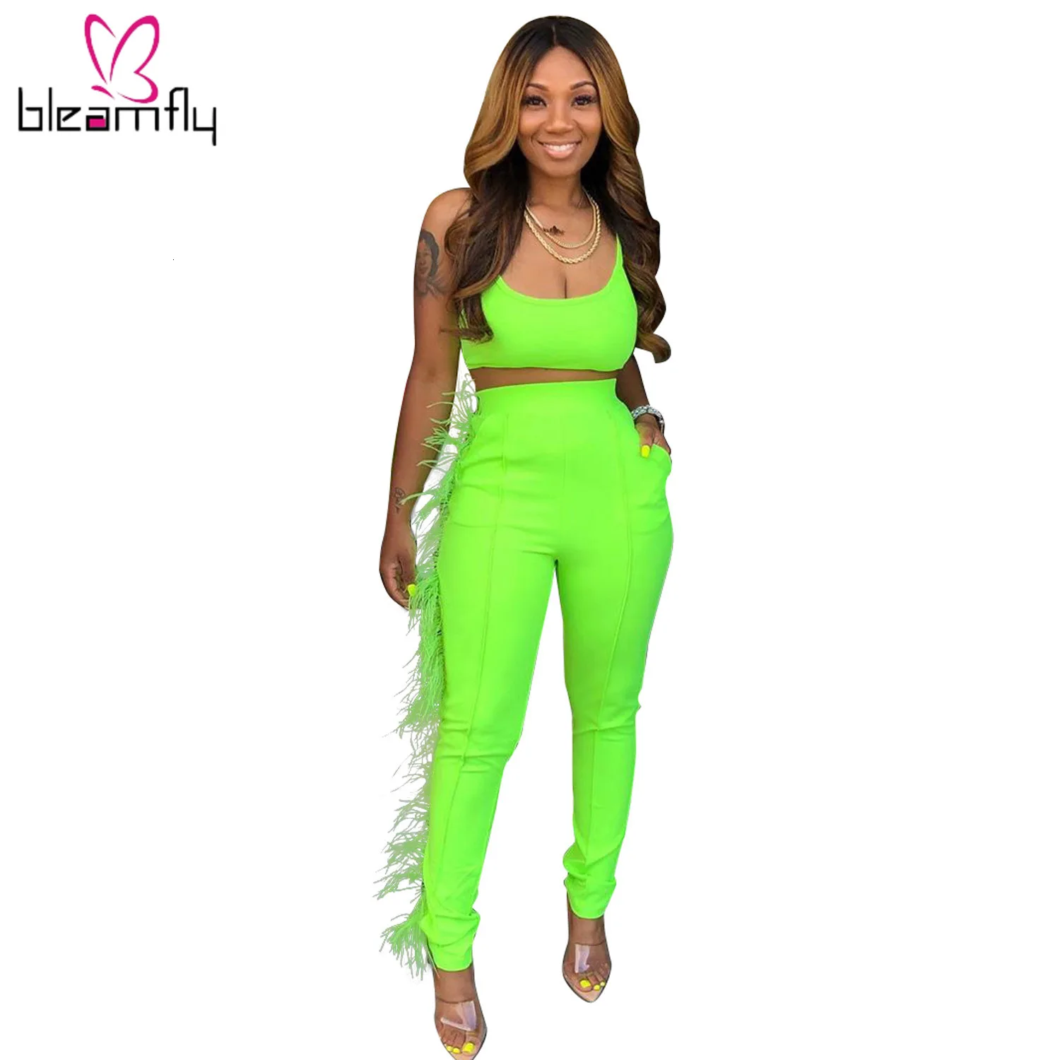 Новинка 2019 женский летний однотонный топ на бретелях и штаны с кисточками