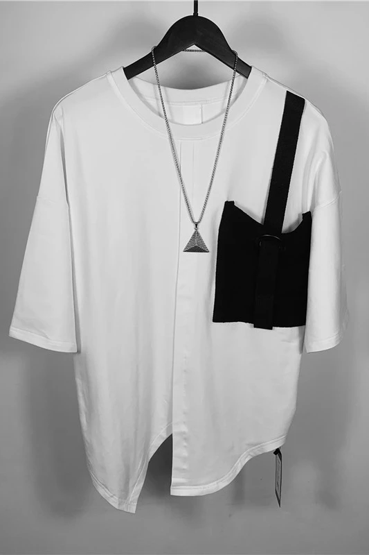 

S-XXL!2020 new men's tide brand irregular front split trend short sleeve personalized round neck pocket stitching cotton T-shirt