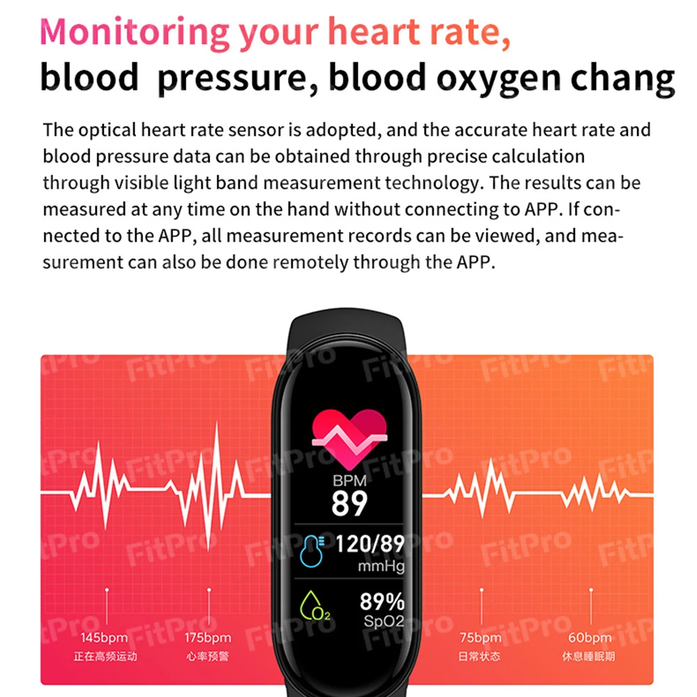2021 New M6 Smart Bracelet Watch Fitness Tracker Heart Rate Blood Pressure Monitor Color Screen IP67 Waterproof Five Color