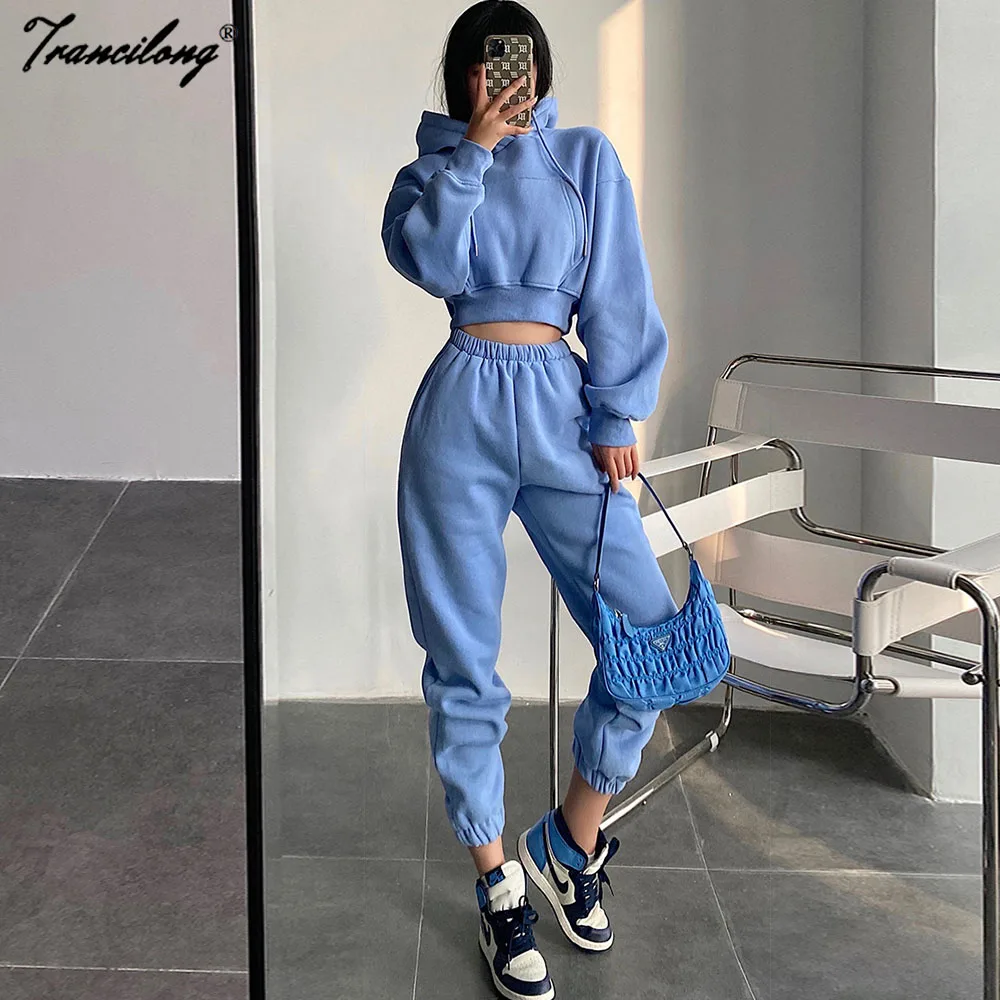 

Streetwear Hooded Crop Top Pocket Tracksuit Women Autumn Sweatshirt High Waist Loose Sweatpants 2 Piece Sets Long Sleeve Clothes