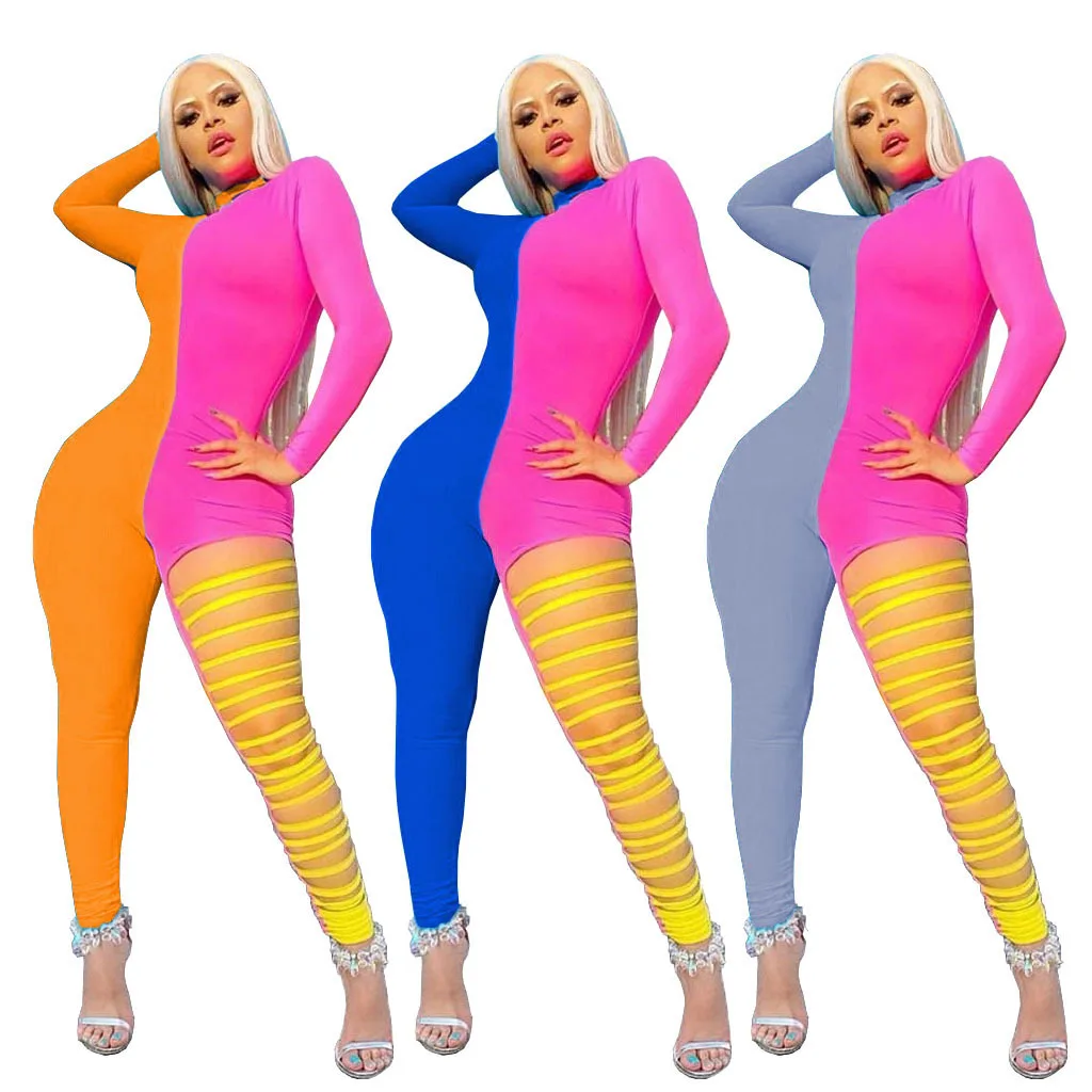 

Somoshein Xs-2xl Zipper Design Fashion Color Contrast Hollow Out Sexy Long Sleeve Romper Jumpsuit Women Wholesale Dropshipping