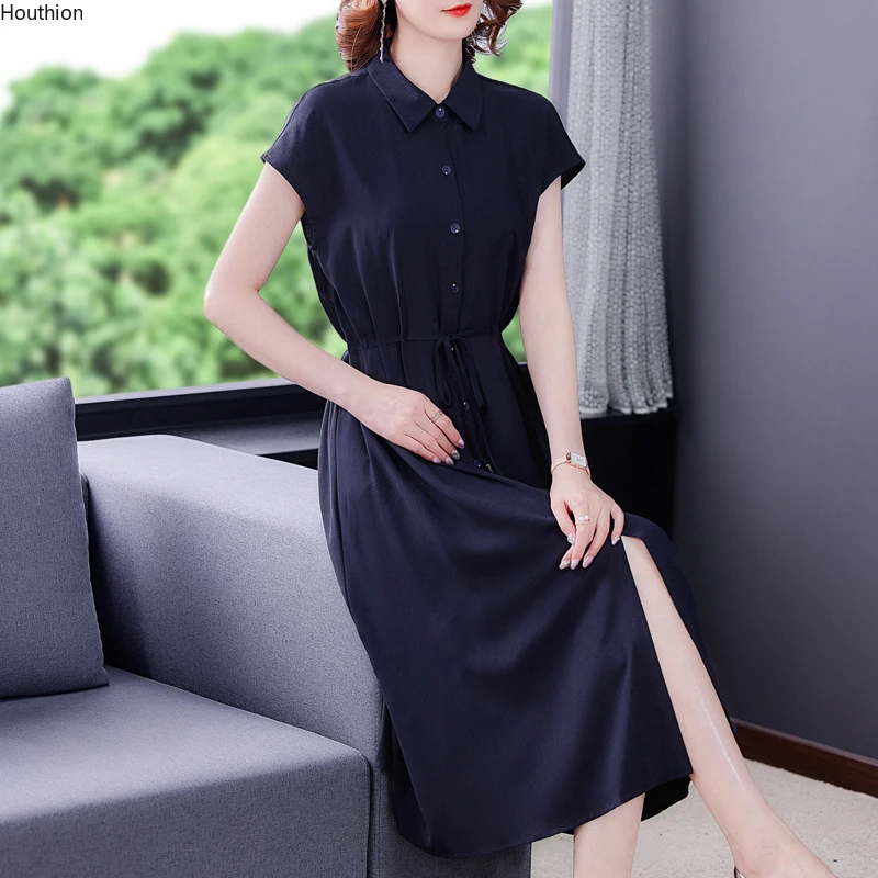 

Chiffon Loose Plus Size Women's Dress New Fashion Casual Short Sleeve Dresses Solid Buttons Polo-collar Long Summer Houthion