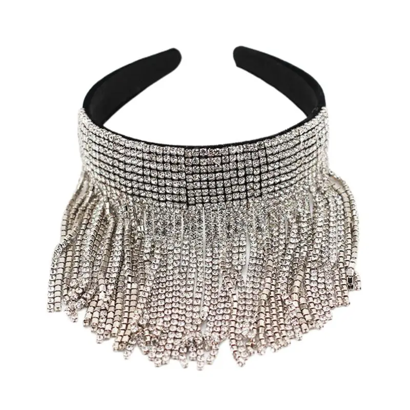 

Baroque Jewelry Fringed Bandana Vintage Bridal Forehead Headband Luxury Rhinestone Faux Pearl Tassels Chain Wedding Party Dance