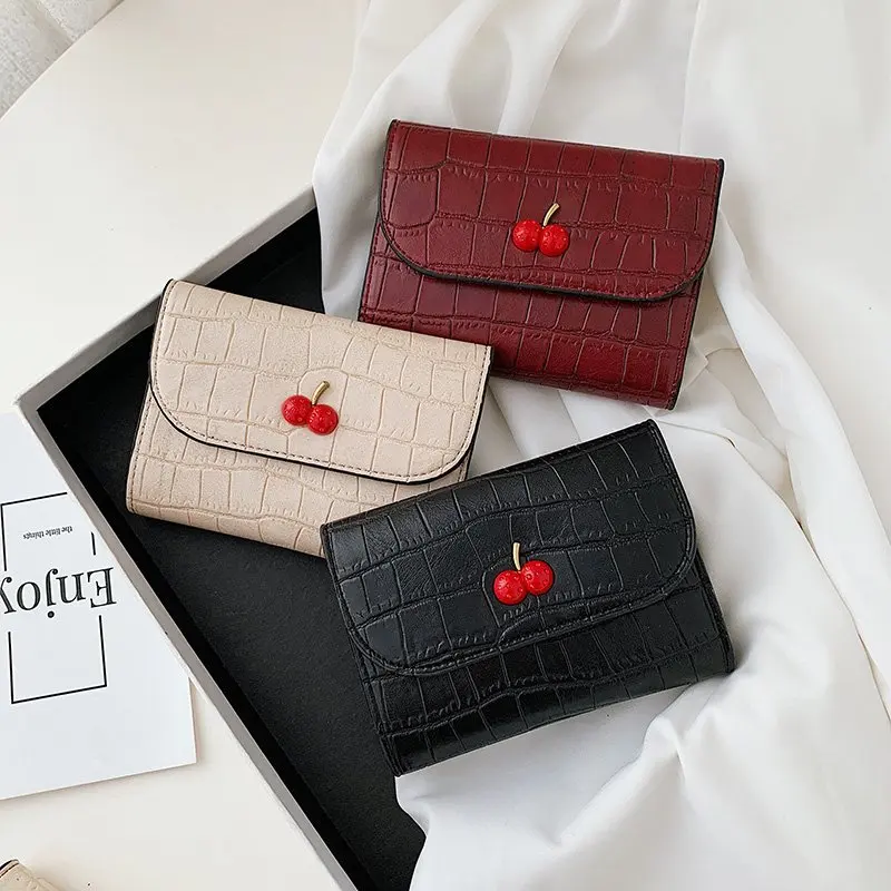 

Cute Cherry Lady Wallet Woman Card Holder Portable Fashion PU Leather Short Wallets Girl Student Simple Coin Bag Purse
