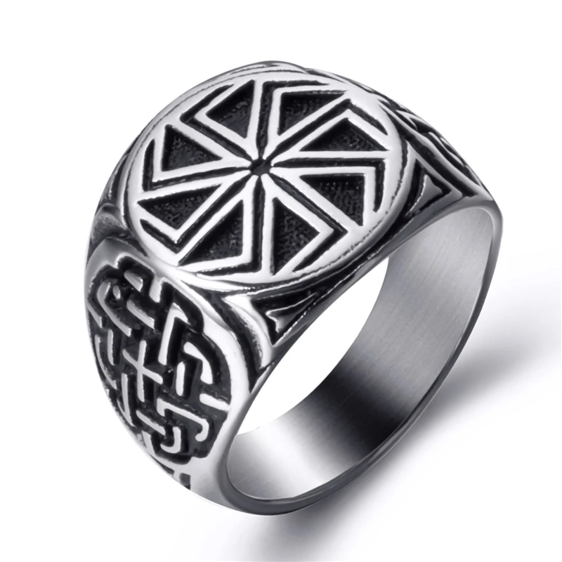 Elfasio Stainless Steel Viking Ring for Men Kolovrat Shield Knot Slavic Amulet Pagan Solar Symbol Wheel Nordic jewelry