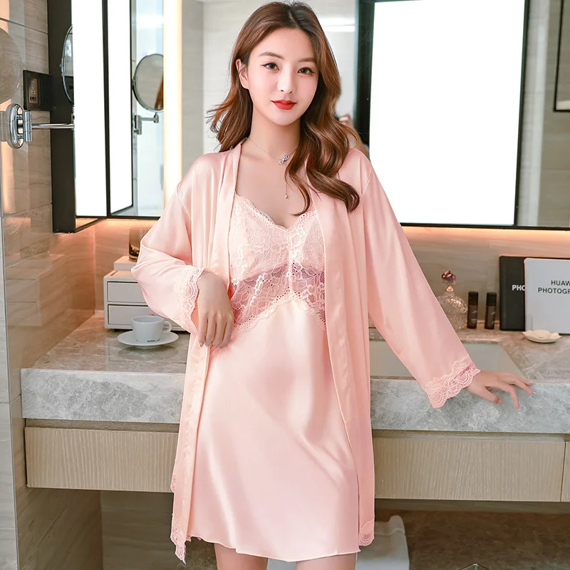 2021 New Spring Summer Ice Silk Nightdress Women's Sexy Sling Nightgown Robe Sets Lace 2Pcs Suit Silk Home Wear Sleepwear