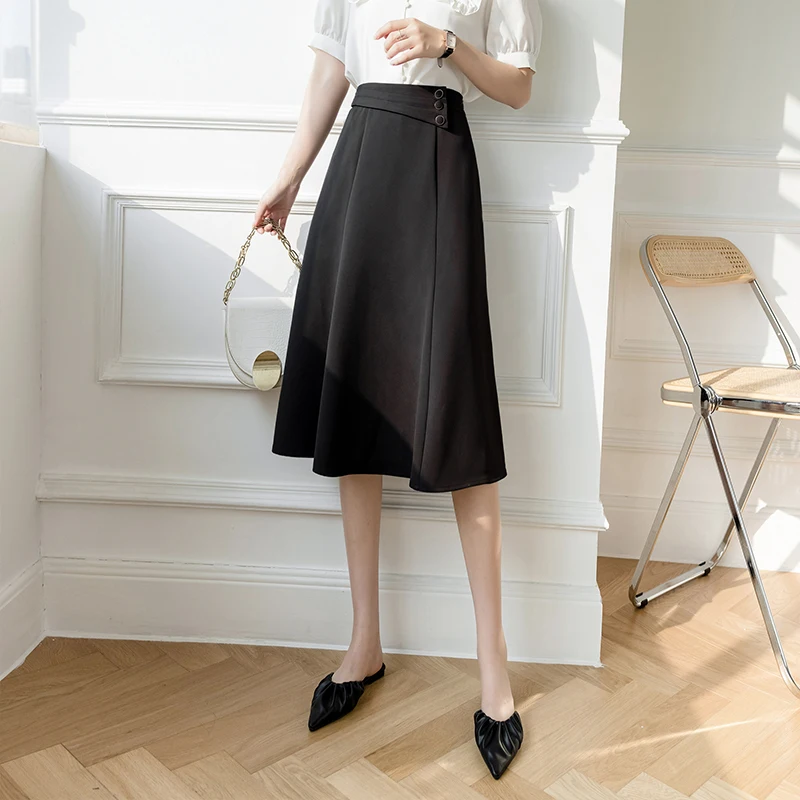 

Fashion 2021 Spring Summer Women Casual Skirt High Waist French Female A-Line Mid-Calf Loose Ladies Office Skirts A11