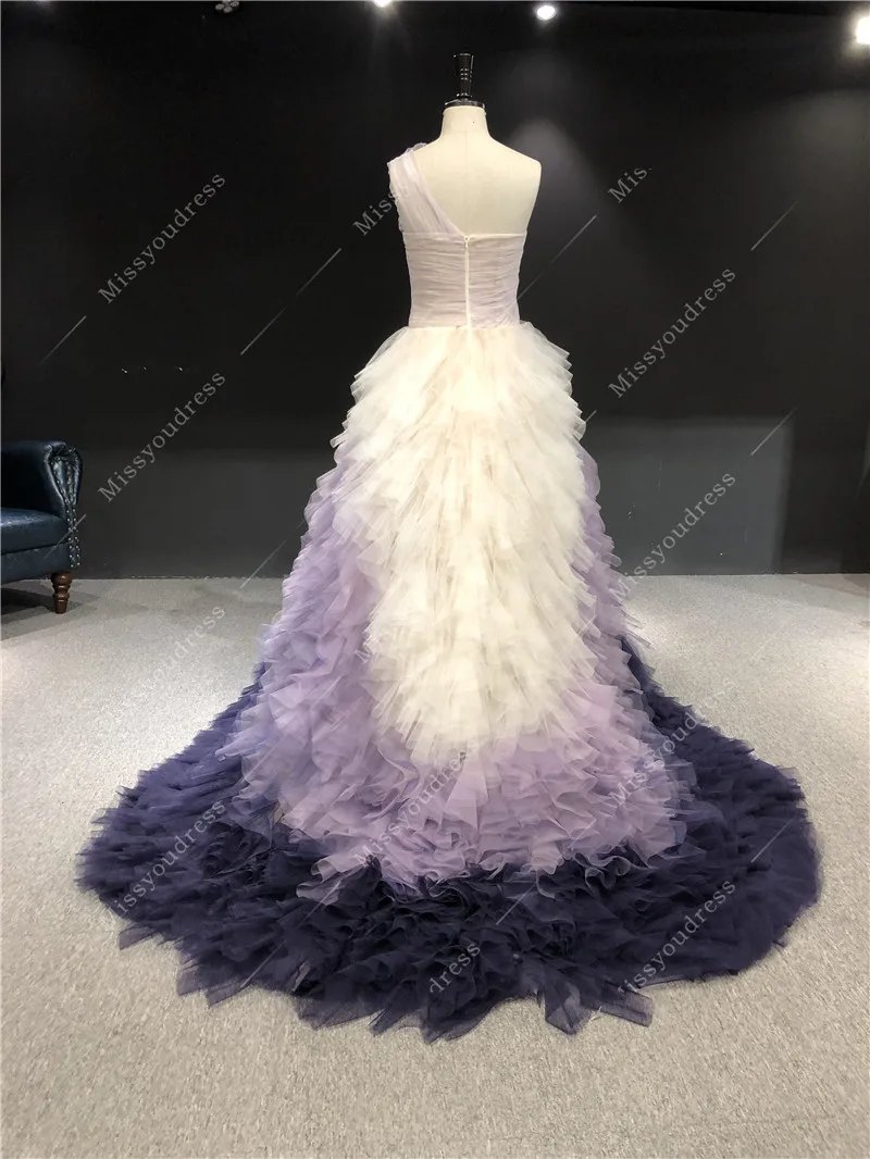 2021 Vestidos De Noite Real Sample Gradient Purple One Shoulder Sleeveless A-line Floor-Length Formal Prom Party Evening Dresses